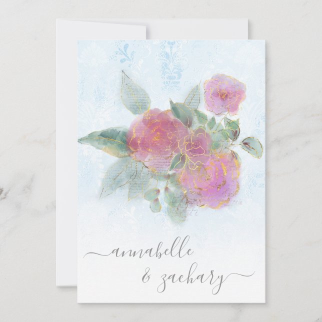 Invitación *~* QR Damask AR12 RSVP Rose Bouquet Gold Boda (Anverso)