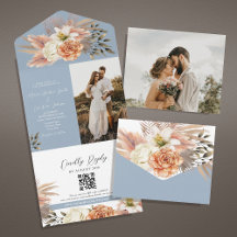 Invitación QR del Boda floral Dusty Blue Peach