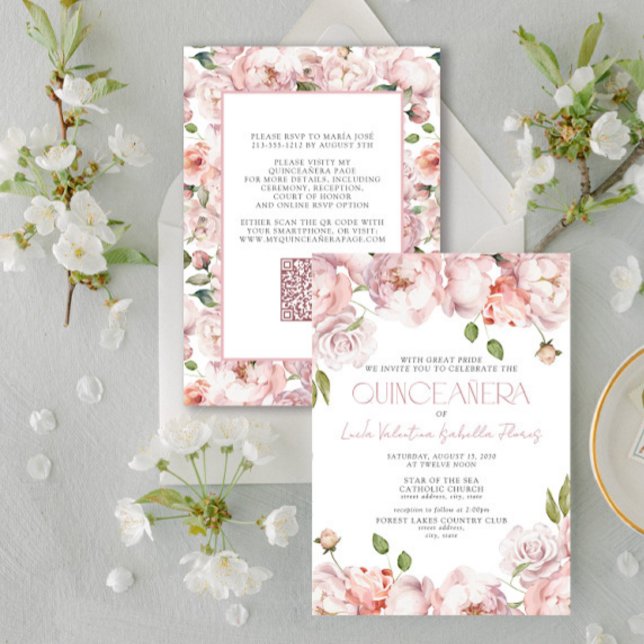 Invitación QR Elegante formal Rubor Floral rosa Quinceanera (Subido por el creador)
