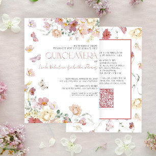 Invitación QR Elegante Mariposa Floral Rosa Rubor Quinceañera