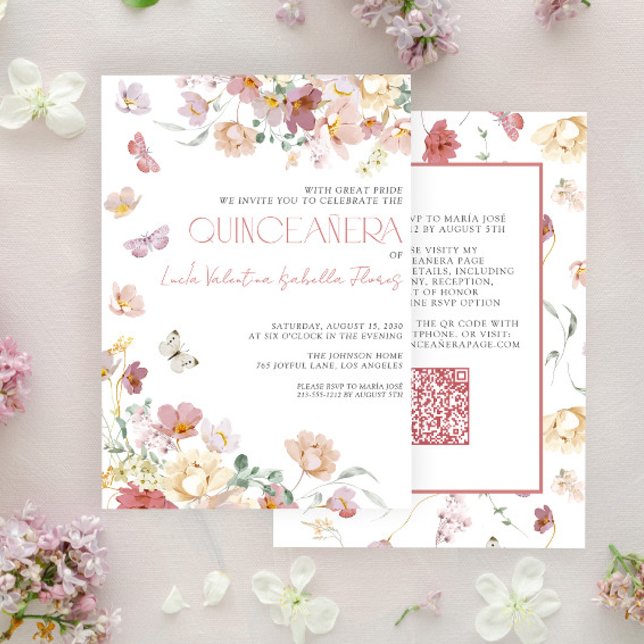 Invitación QR Elegante Mariposa Floral Rosa Rubor Quinceañera (Subido por el creador)