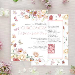 Invitación QR Elegante Mariposa Floral Rosa Rubor Quinceañera