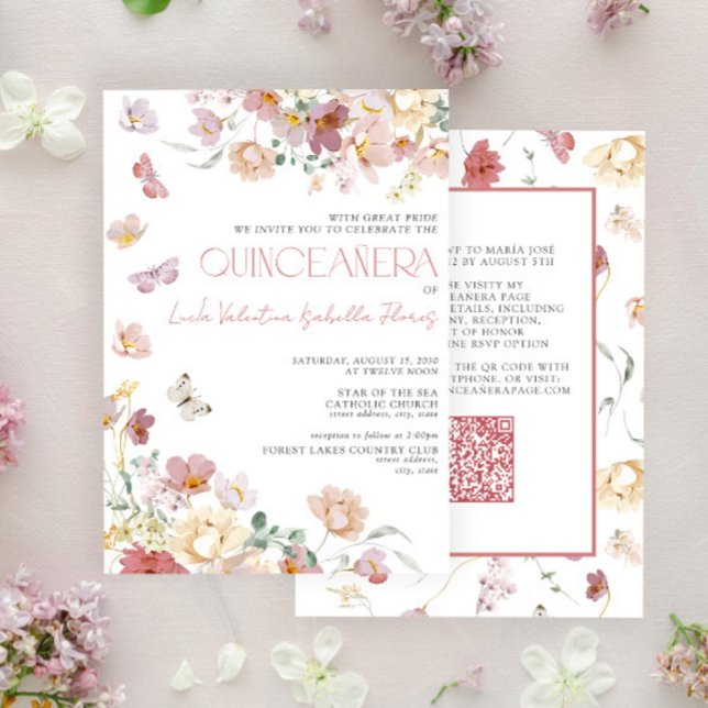 Invitación QR Elegante Mariposa Floral Rosa Rubor Quinceañera (Subido por el creador)