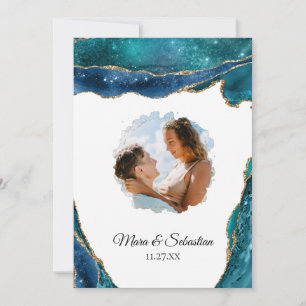 Invitación *~* QR - FOTO - Boda Verde azulado AGATE RSVP AR13