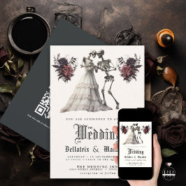 Invitación QR Gótico Rosewood Bouquet Skeleton Pareja