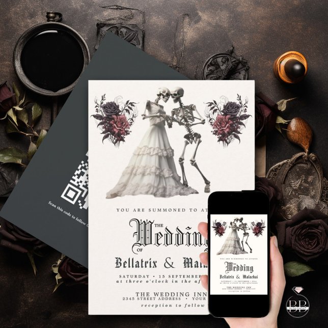 Invitación QR Gótico Rosewood Bouquet Skeleton Pareja (Subido por el creador)