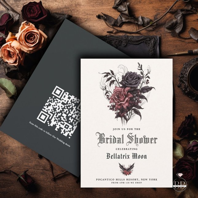 Invitación QR Gótico Rosewood Rosas negros Floral Bridal Show (Subido por el creador)