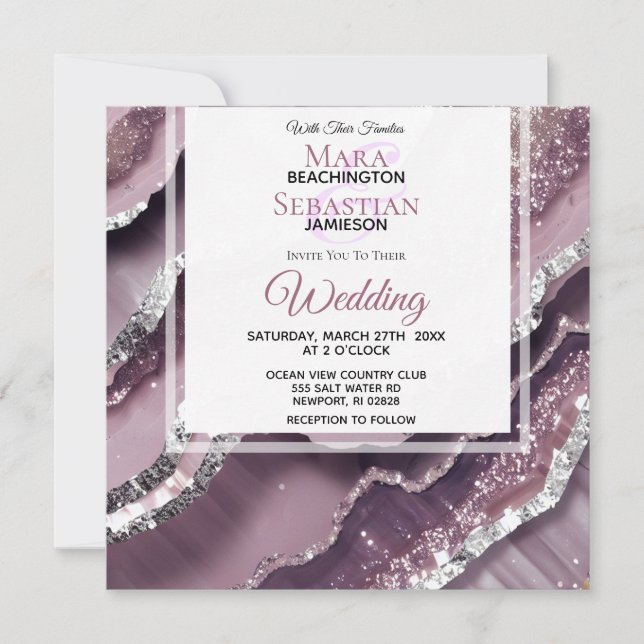 Invitación *~* QR MAUVE Silver AGATE AR66 Boda RSVP (Anverso)