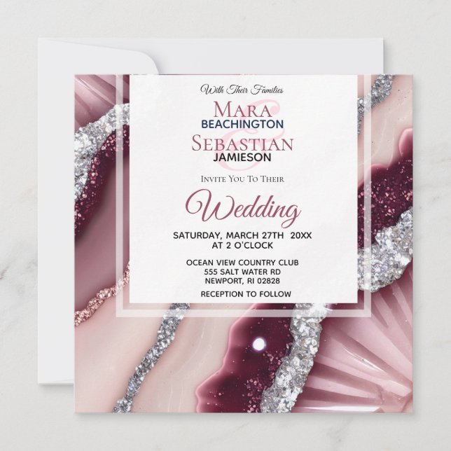 Invitación *~* QR PINK BURGUNDY Agate RSVP AR66 Boda (Anverso)