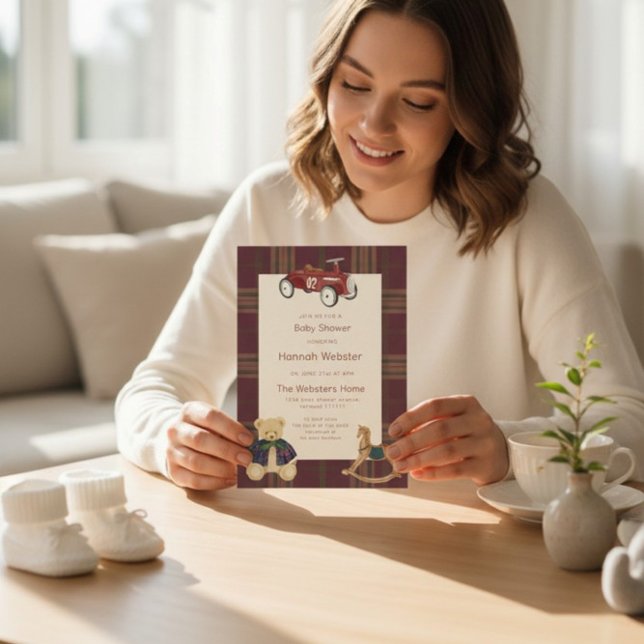 Invitación QR Plaid Teddy Bear Toy Car Baby Shower Invitation (Subido por el creador)