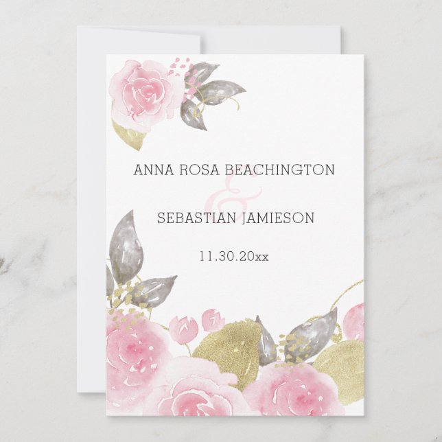 Invitación *~* QR Roses rosadas AR15 - Boda floral de oro RSV (Anverso)