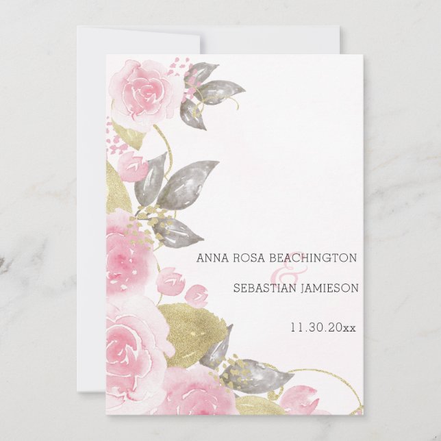 Invitación *~* QR Roses rosas rosadas AR15 Boda floral de oro (Anverso)