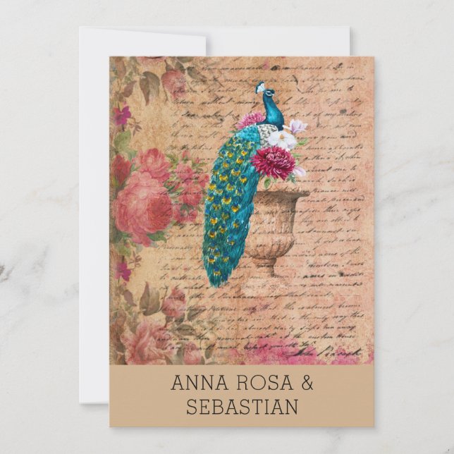 Invitación *~* QR RSVP Peacock Vinaage Victorian AR24 Boda (Anverso)