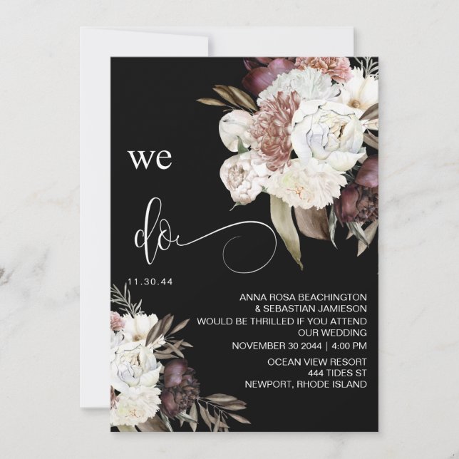 Invitación *~* QR RSVP Rosa de Borgoña Floral AR15 BODA (Anverso)