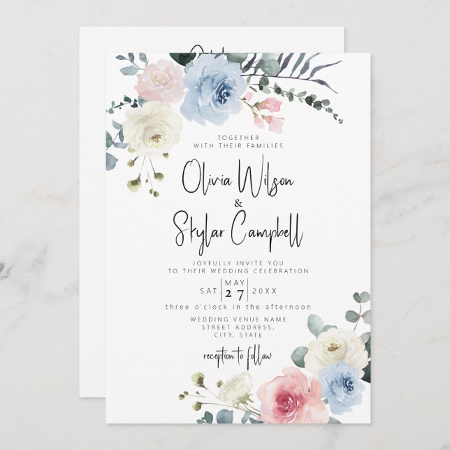 Invitación QR Tropical Rubor Azul Claro Todo En Un Boda (Anverso / Reverso)