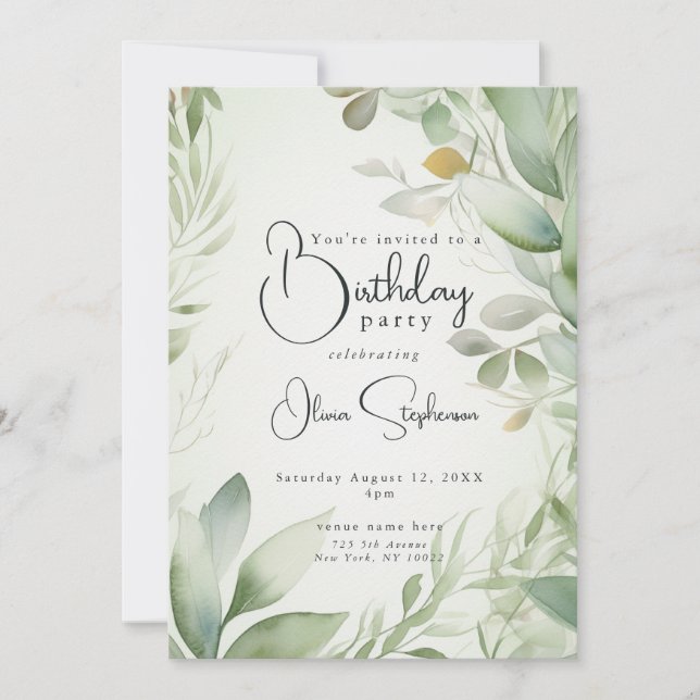 Invitación QR Watercolor Golden Green Foliage Cumpleaños (Anverso)