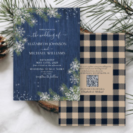 Invitación QRCode Blue Silver WinterWood Plaid Rustic Boda