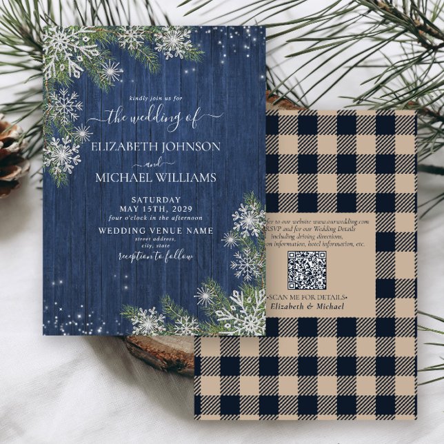 Invitación QRCode Blue Silver WinterWood Plaid Rustic Boda (Subido por el creador)
