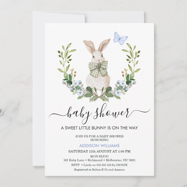 Invitación Quaint Blue Green Boys Little Bunny Baby Shower (Anverso)