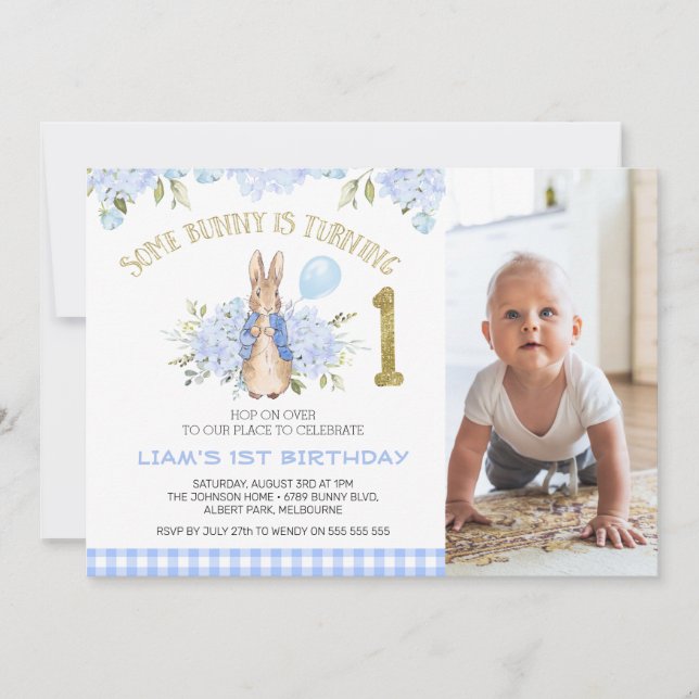 Invitación Quaint Blue Plaid Boys Conejo conejo conejo 1 cump (Anverso)