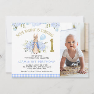 Invitación Quaint Blue Plaid Boys Conejo conejo conejo 1 cump