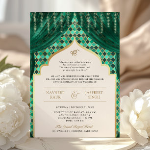 Invitación Quatrefoil de oro verde esmeralda Código QR Boda s