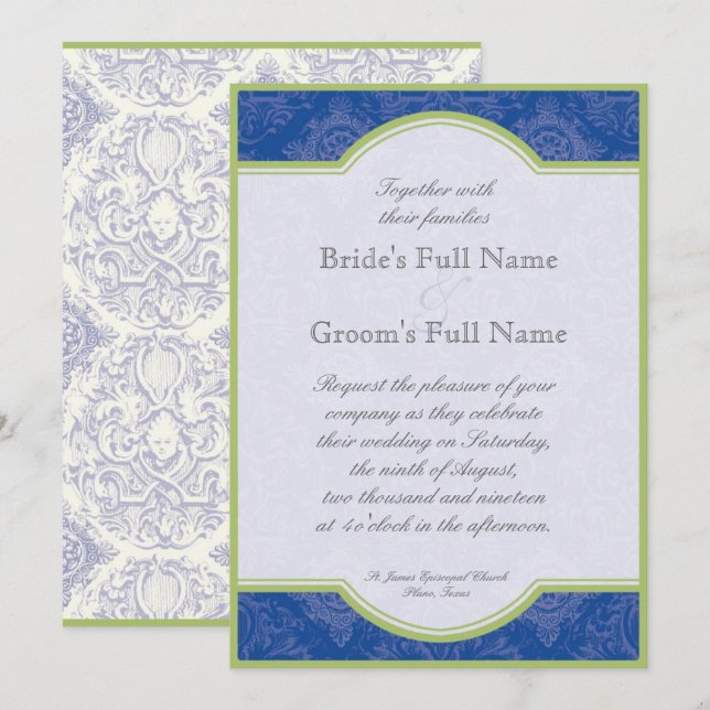 Invitación Quatrefoil Delft Blue Green Toile - Boda (Anverso / Reverso)