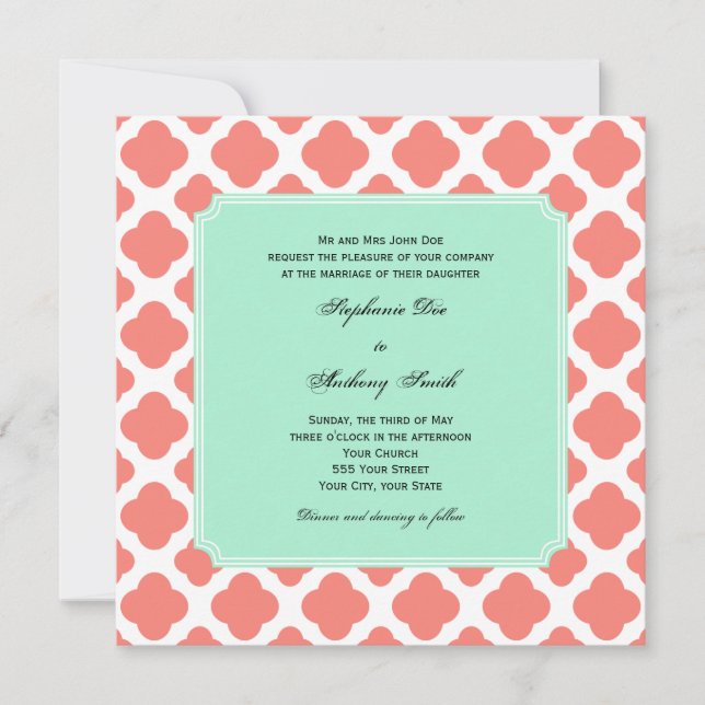 Invitación Quatrefoil rosa de coral y Boda verde de la menta (Anverso)