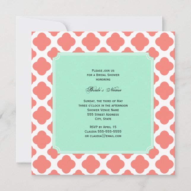 Invitación Quatrefoil rosa de coral y ducha de novias verde d (Anverso)