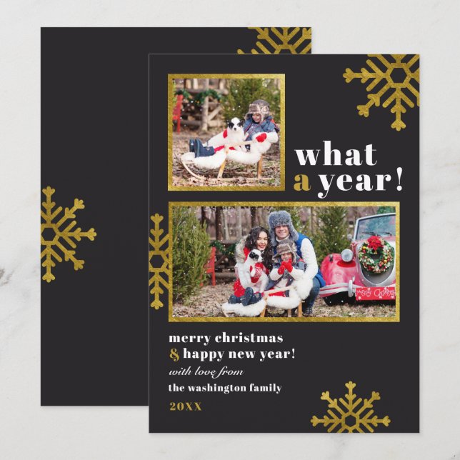 Invitación ¡Qué Año! | Foto moderna de Navidades de oro y neg (Anverso / Reverso)