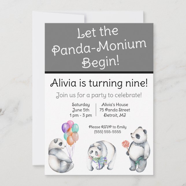 Invitación ¡Que comience el Panda-Monium! Cumpleaños con temá (Anverso)