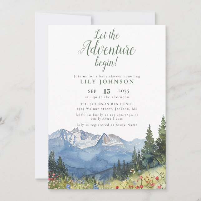 Invitación Que Comience La Aventura Baby Shower De Montaña (Anverso)