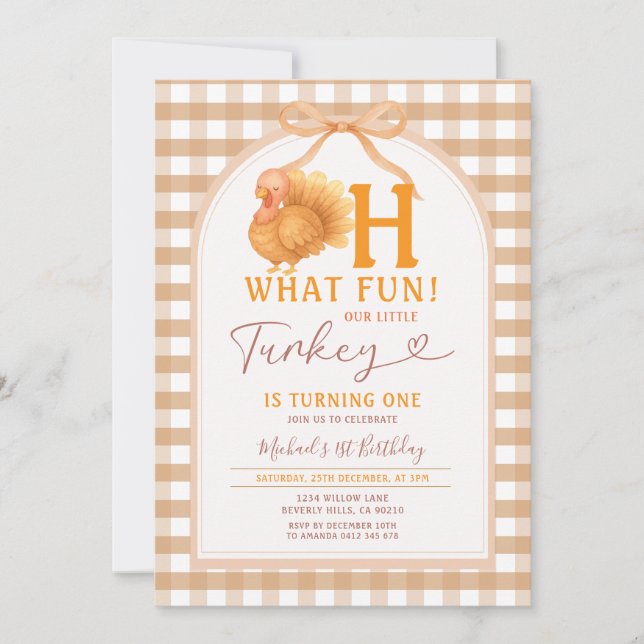Invitación ¡Qué Diversión! Turquía 1er cumpleaños Gingham (Anverso)
