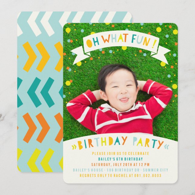 Invitación Qué divertida fiesta de cumpleaños para niños con  (Anverso / Reverso)