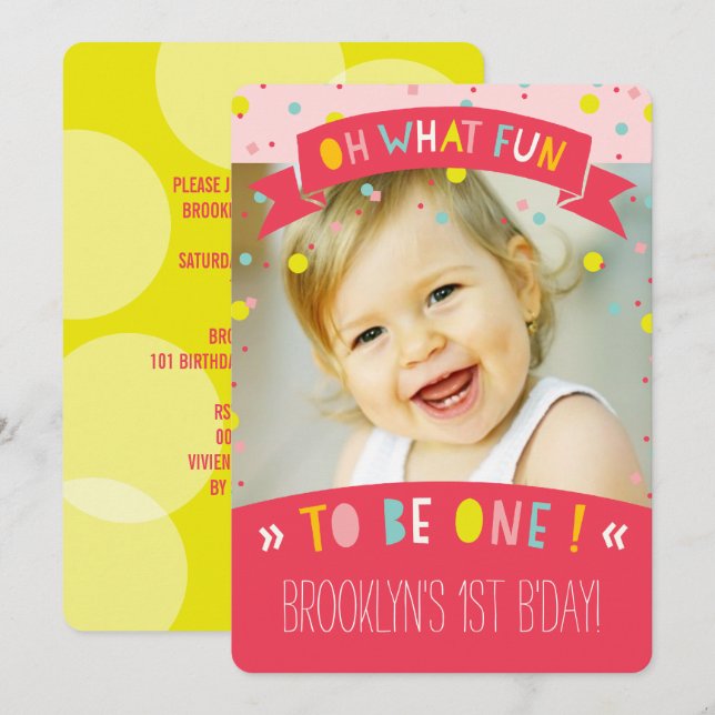 Invitación Qué divertido dulce cumpleaños de niña con confeti (Anverso / Reverso)