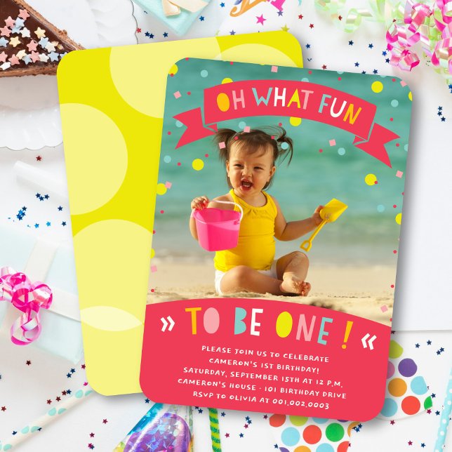 Invitación Qué divertido Fiesta de cumpleaños número 1 de Con (Oh What Fun To Be One Colorful Confetti Girl 1st Birthday Party Photo Invitation @ fatfatin)