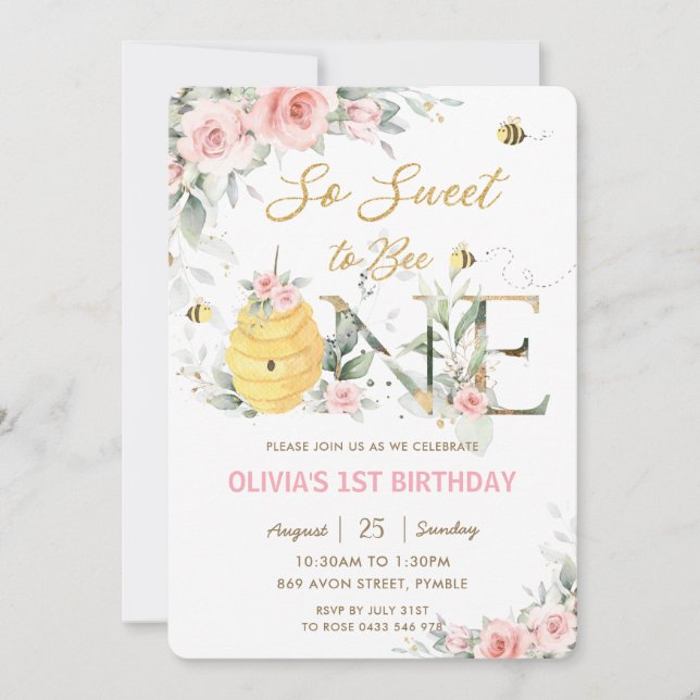 Invitación Qué dulce ser una abeja Floral rosa Primer cumplea (Anverso)