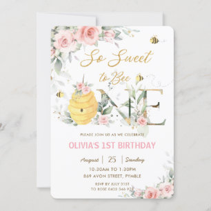 Invitación Qué dulce ser una abeja Floral rosa Primer cumplea