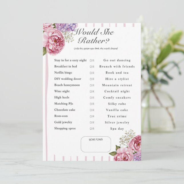 Invitación ¿Qué elegiría ella? Juego de la ducha de novia flo (Anverso de pie)
