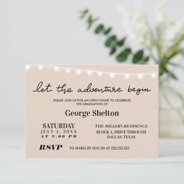 Invitación Que Empiece La Aventura Casa Abierta Grad Fiesta I (Anverso de pie)