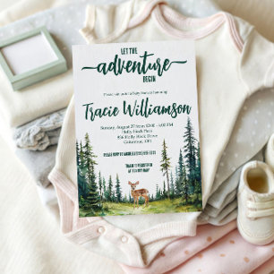 Invitación ¡Que empiece la aventura! Woodland Fawn Baby Showe
