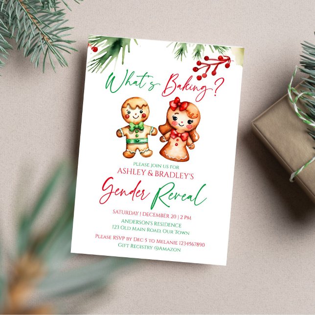 Invitación Qué es lo que revelan los Navidades de pan de jeng (What's baking gingerbread Christmas gender reveal editable template Invitation digital download)