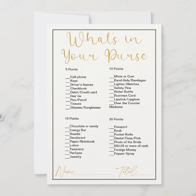 Invitación ¿Qué hay en tu bolso de la ducha blanca de novias? (Anverso)