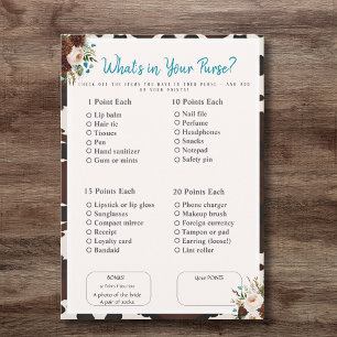 Invitación ¿Qué hay en tu bolso? Juego boho para la ducha de