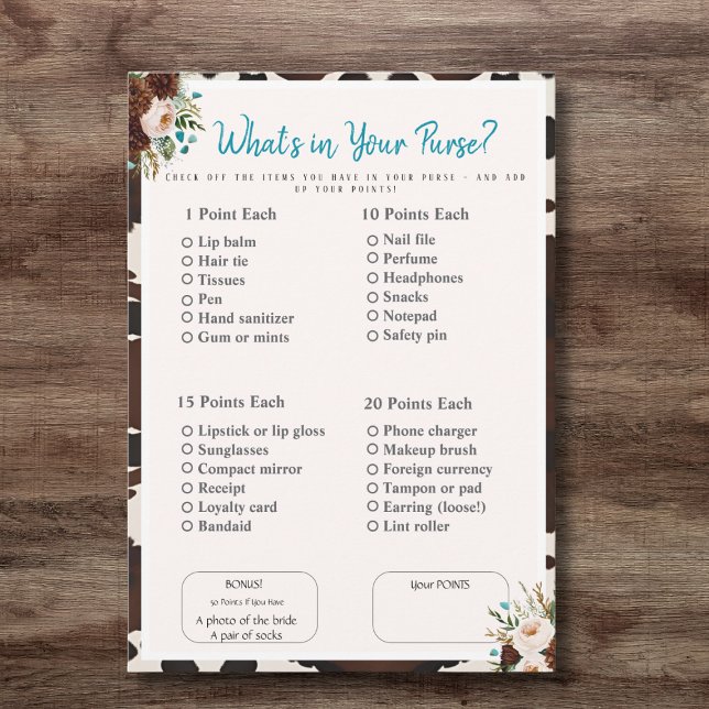 Invitación ¿Qué hay en tu bolso? Juego boho para la ducha de  (What’s in Your Purse? Bridal Shower boho Game)