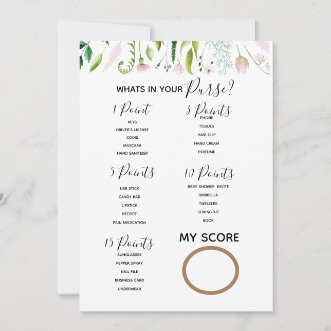 Invitación qué hay en tu bolso juego de ducha bebé mamá para  (Anverso)