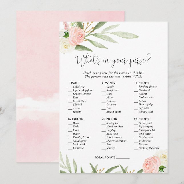 Invitación Qué hay en tu bolso juego de ducha de novias (Anverso / Reverso)