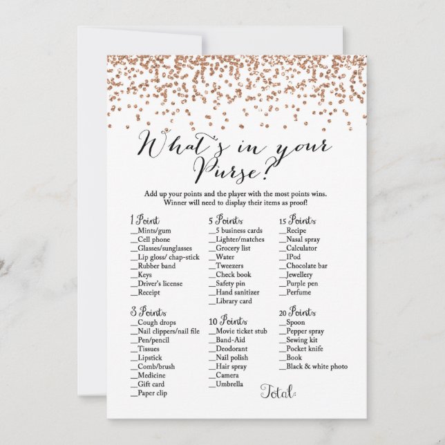 Invitación Qué hay en tu bolso rosa Bridal Shower Game 5x7 (Anverso)