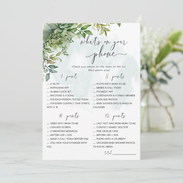 Invitación Qué hay en tu juego de Baby Shower para teléfonos (Anverso de pie)