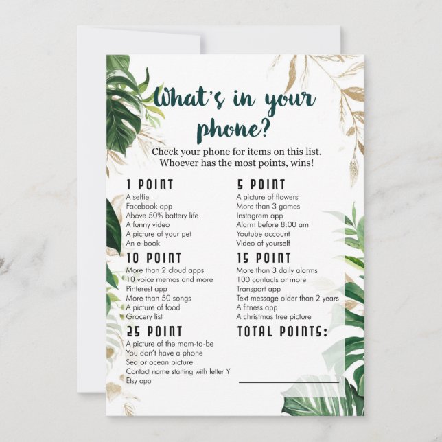 Invitación Qué hay en tu teléfono Safari Baby Shower Game (Anverso)